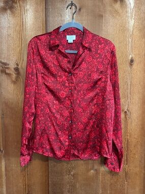 Vintage Ann Taylor Loft 100% Silk Cherry Red Floral Rose Button Down Romantic